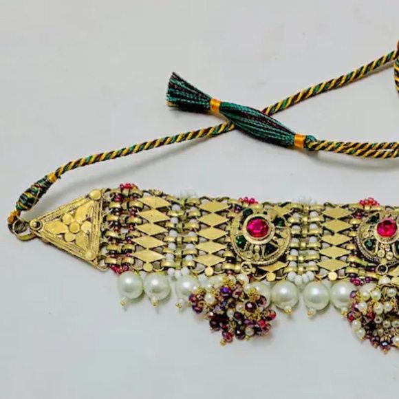 Golden Tone Metal Choker Necklace, Statement Collar Choker With Multicolor Beads - Picture 4 of 11